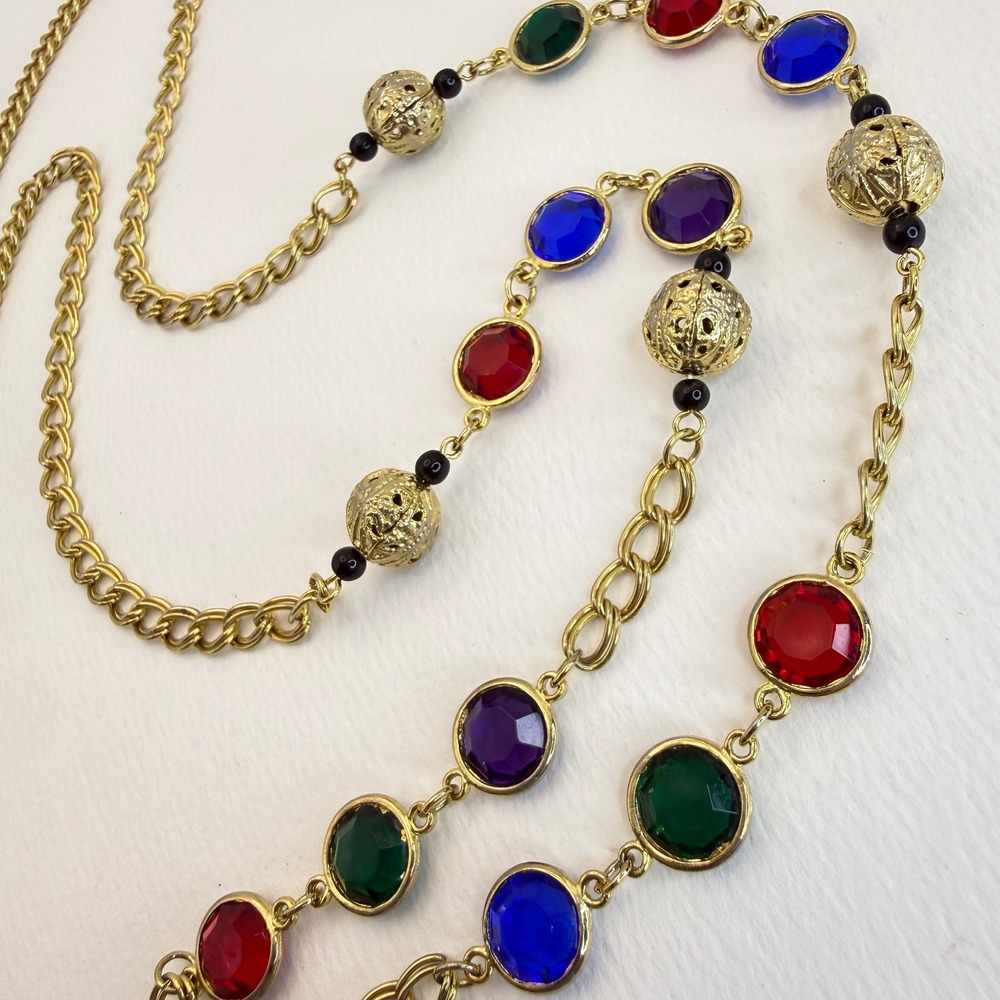 Vintage Bezel Station Filigree Bead‎ Necklace Gold Tone Multi Color Jewel Tone